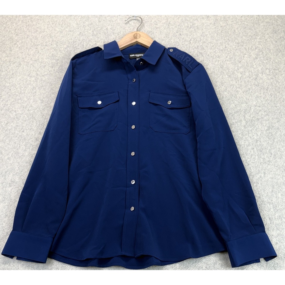 Karl Lagerfeld Womens Button Up Utility Shirt Royal Blue Long Sleeve Pockets S